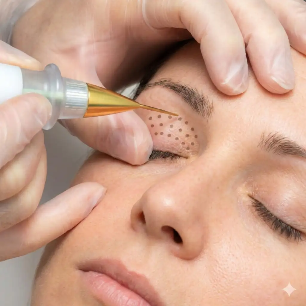 Close up detalhado de tratamento de Jato de Plasma sob o olho da paciente